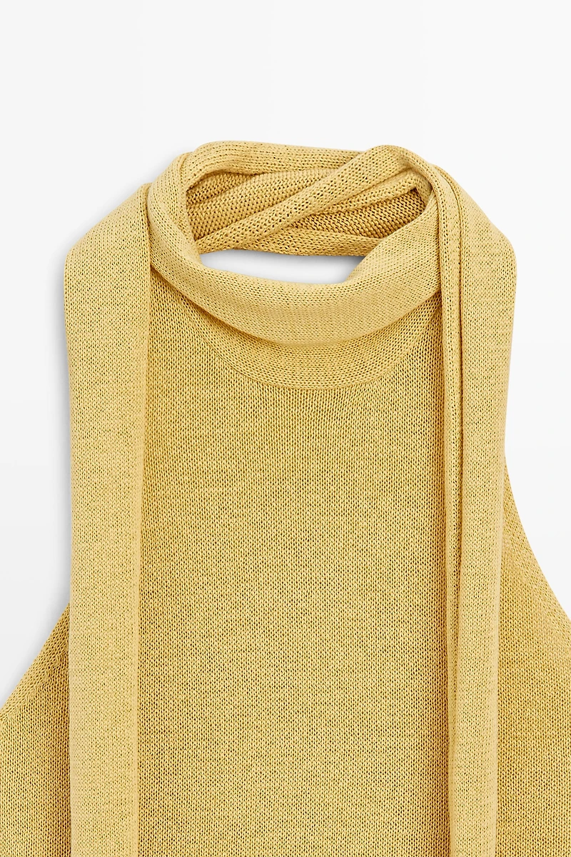 Linen blend halter top with tie detail