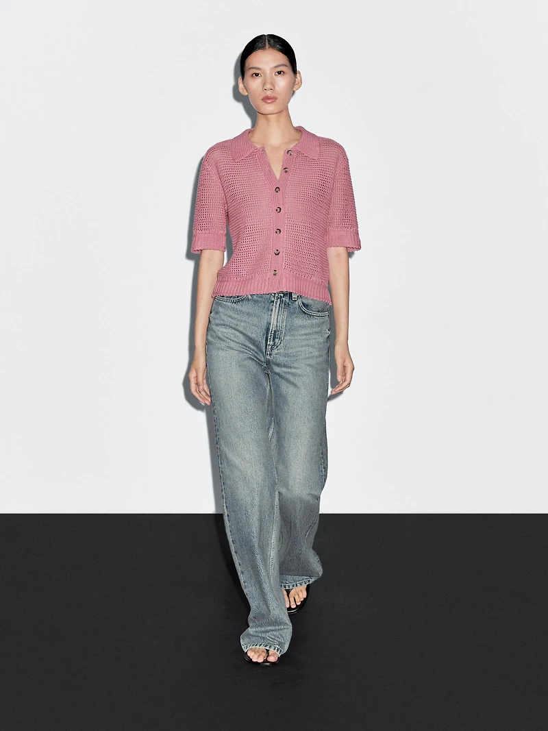 Cotton blend cutwork polo shirt