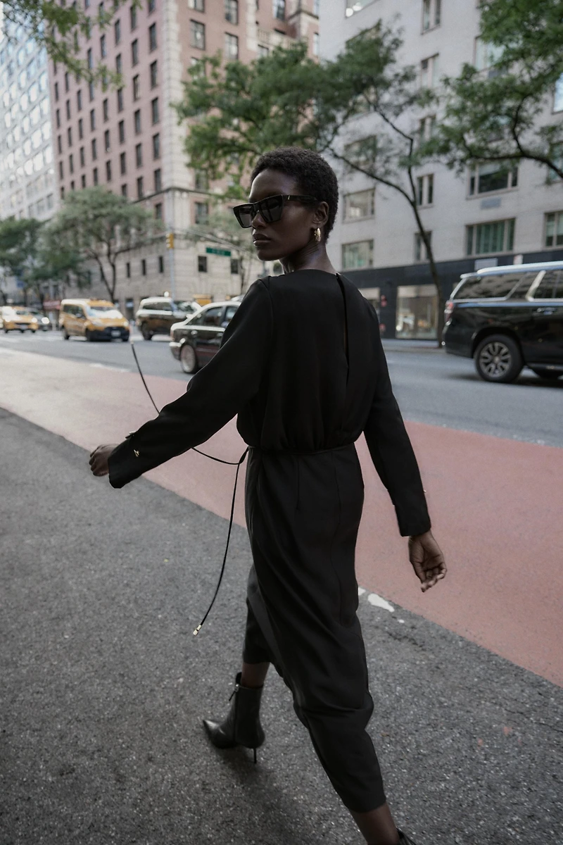 BELTED CREPE MIDI DRESS