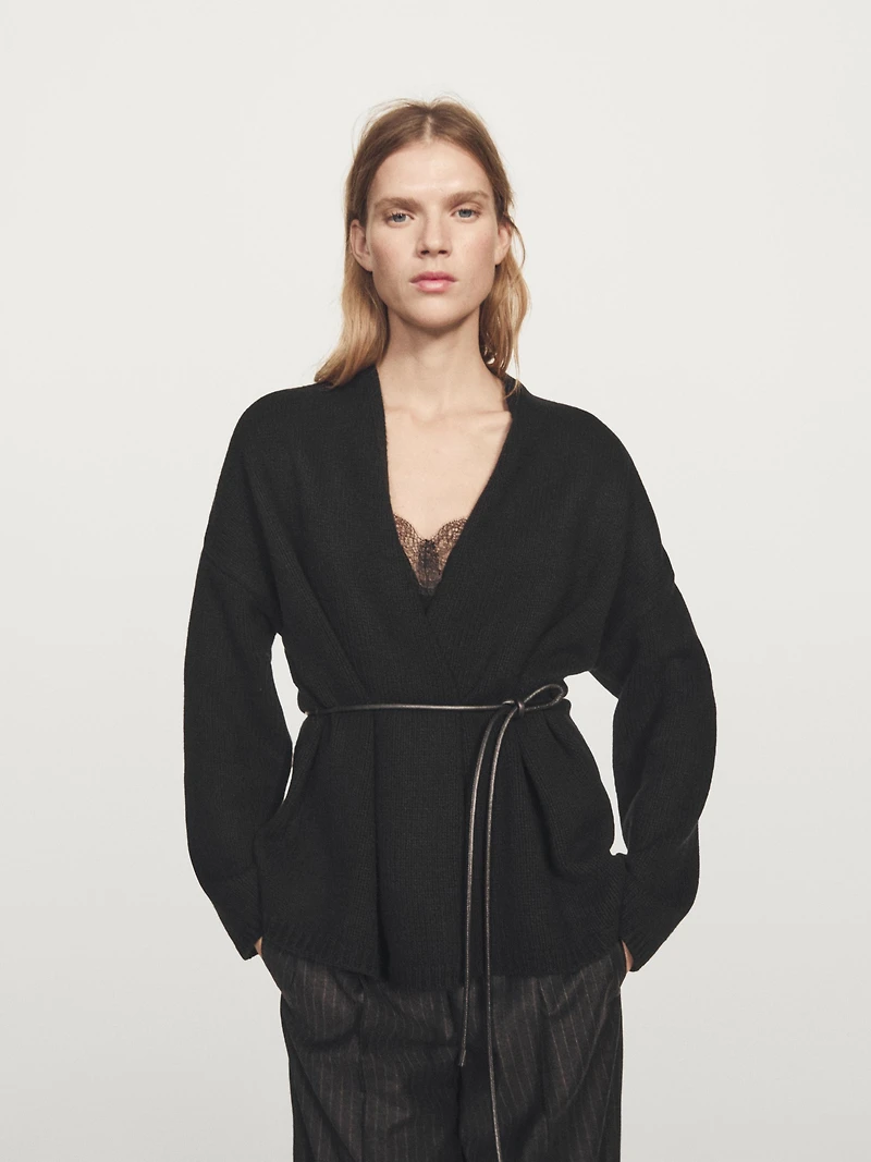 Long knit cardigan with belt