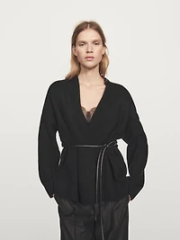 Long knit cardigan with belt