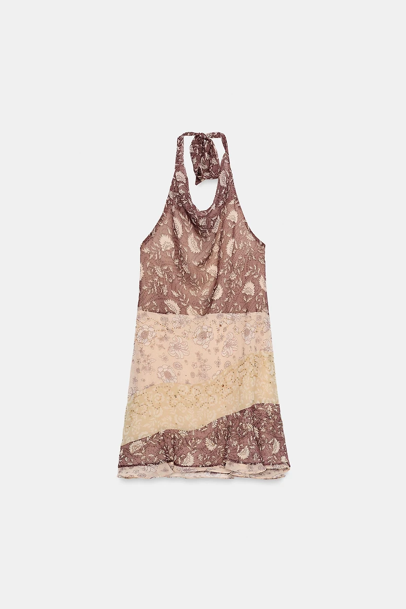 BEADED PRINT HALTER DRESS