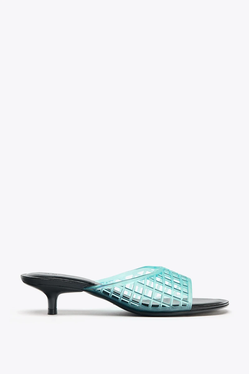 RUBBERIZED EFFECT KITTEN HEEL MULES
