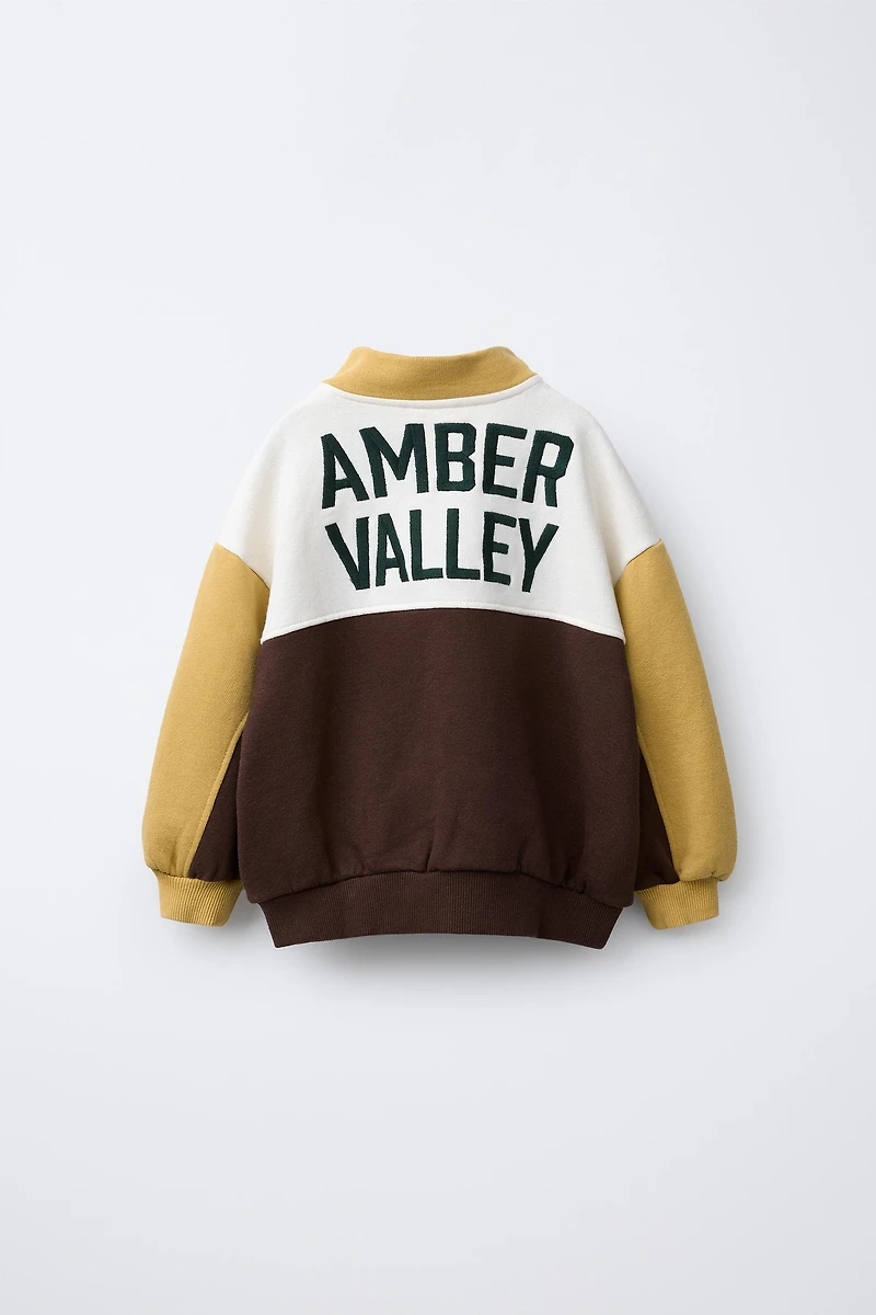 COLOR BLOCK EMBROIDERED TEXT SWEATSHIRT
