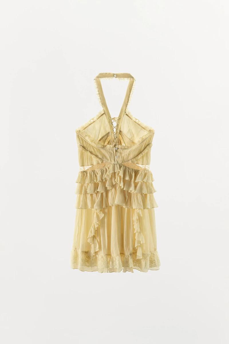 SHORT RUFFLED LACE HALTER DRESS