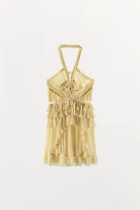 SHORT RUFFLED LACE HALTER DRESS