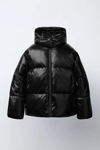 SHINY HOODED PUFFER JACKET WITH FAUX FUR LINING