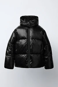 SHINY HOODED PUFFER JACKET WITH FAUX FUR LINING