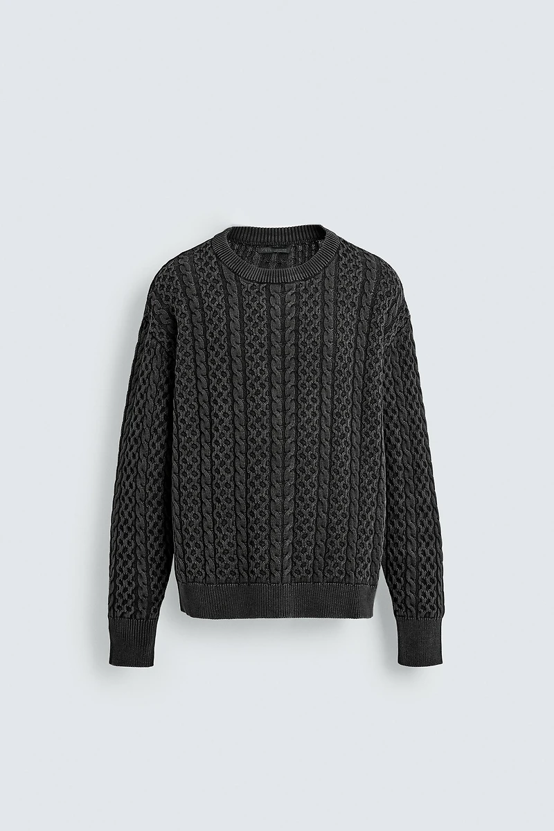 GARMENT-DYED CABLE KNIT SWEATER