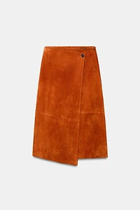 100% SUEDE LEATHER WRAP MIDI SKIRT