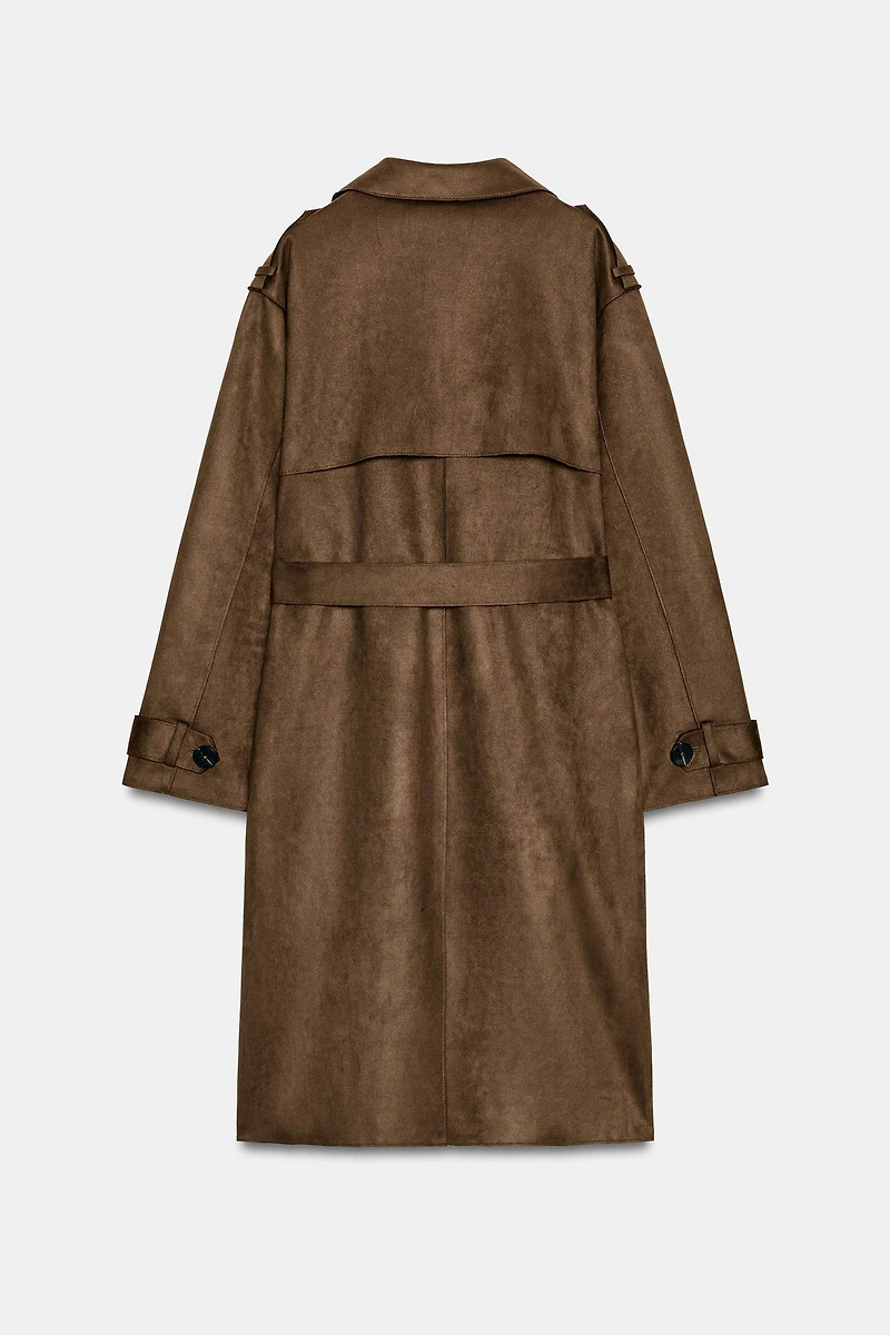 LONG SUEDE EFFECT BELTED TRENCH COAT