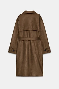 LONG SUEDE EFFECT BELTED TRENCH COAT