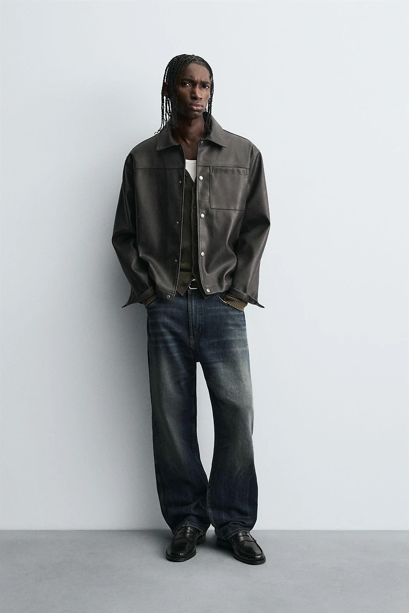 WASHED FAUX LEATHER OVERSHIRT