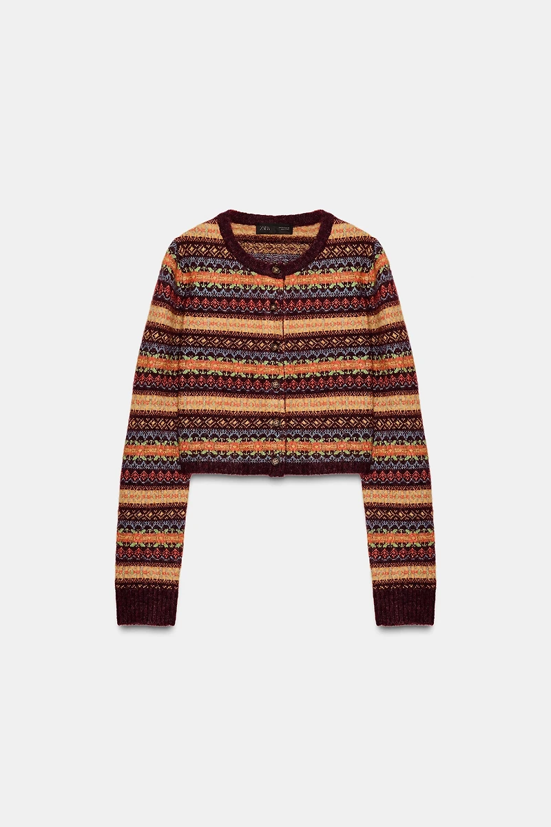 CROPPED JACQUARD KNIT CARDIGAN