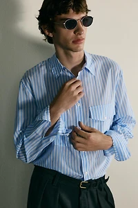 STRIPED FLOWY POCKET SHIRT