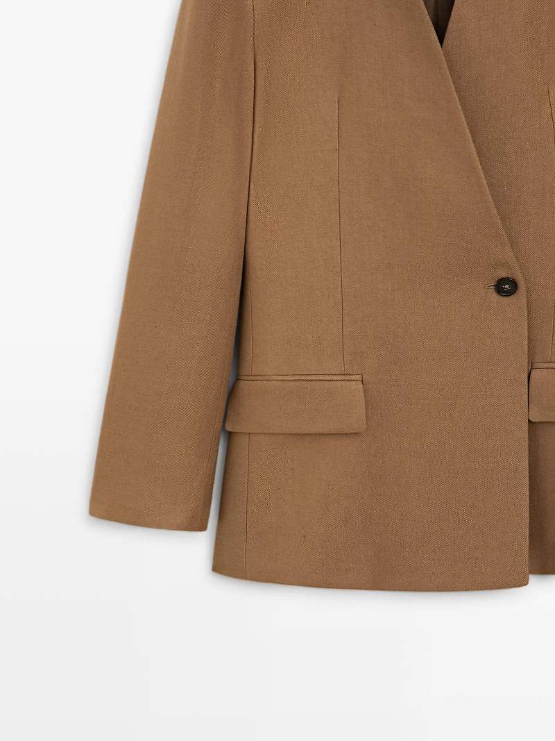 100% linen lapelless double-breasted blazer