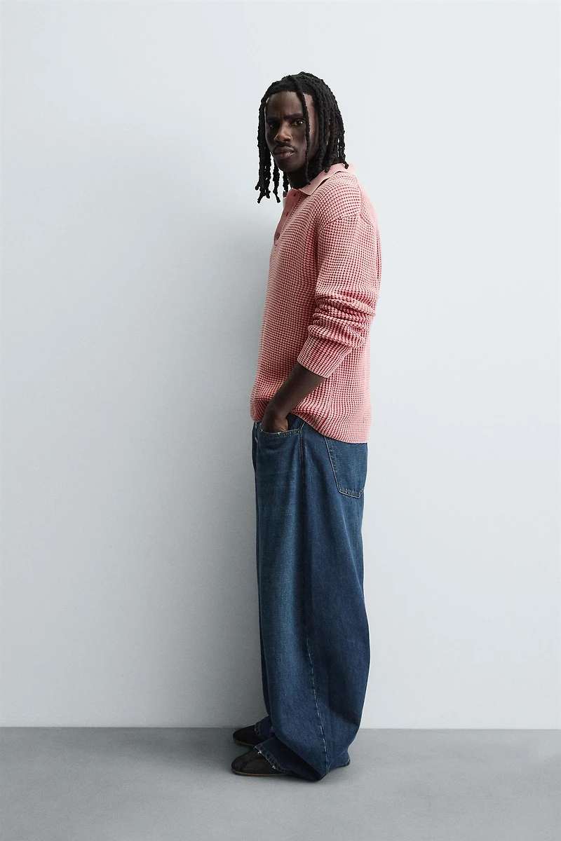 WASHED WAFFLE TEXTURE KNIT POLO SHIRT