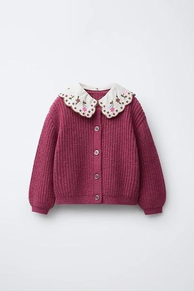 EMBROIDERED COLLAR KNIT CARDIGAN