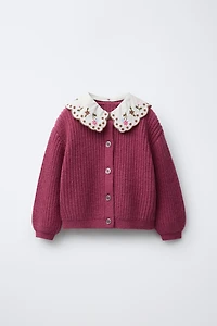 EMBROIDERED COLLAR KNIT CARDIGAN