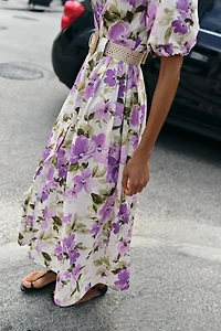 FLORAL PRINT BELTED MIDI DRESS