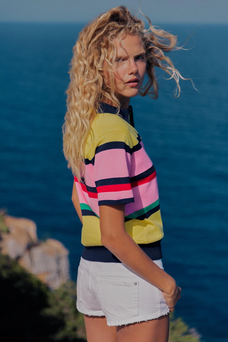 STRIPED KNIT POLO TOP