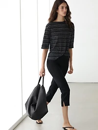 Striped linen 3/4 sleeve knit T-shirt