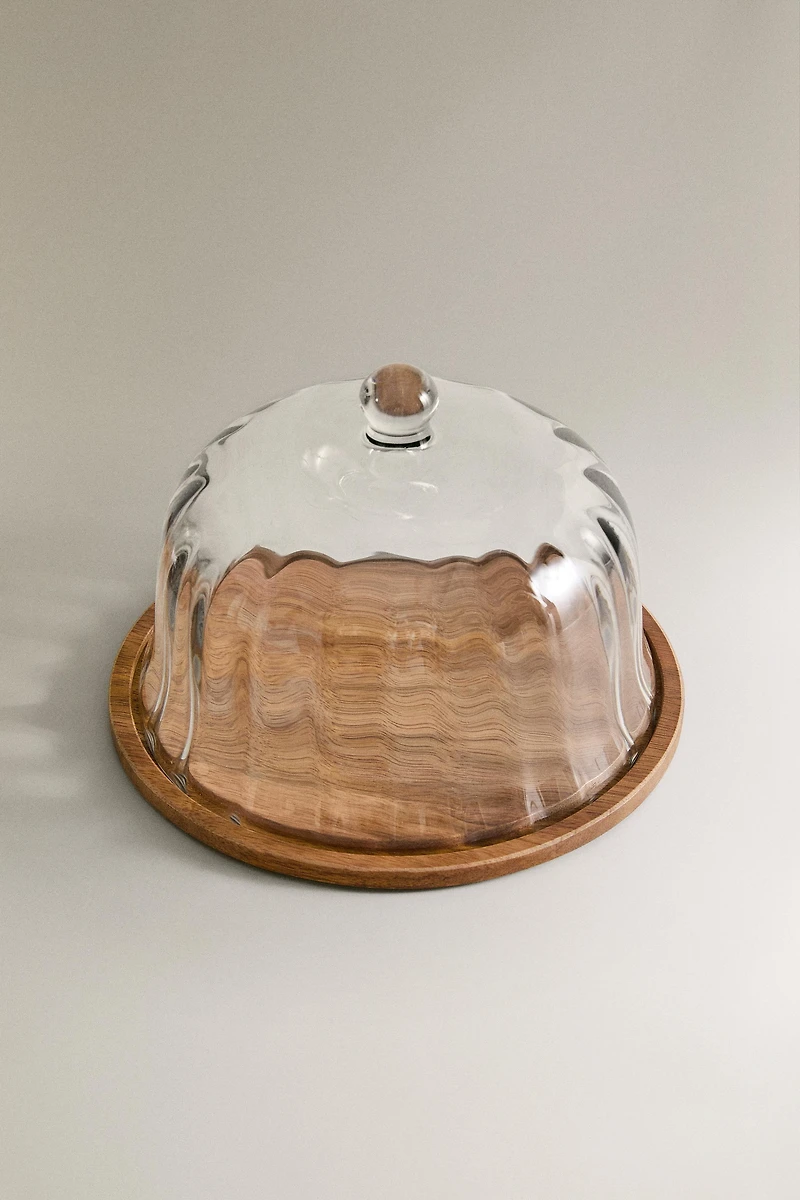 PRÉSENTOIR À GÂTEAU BOIS CLOCHE VERRE