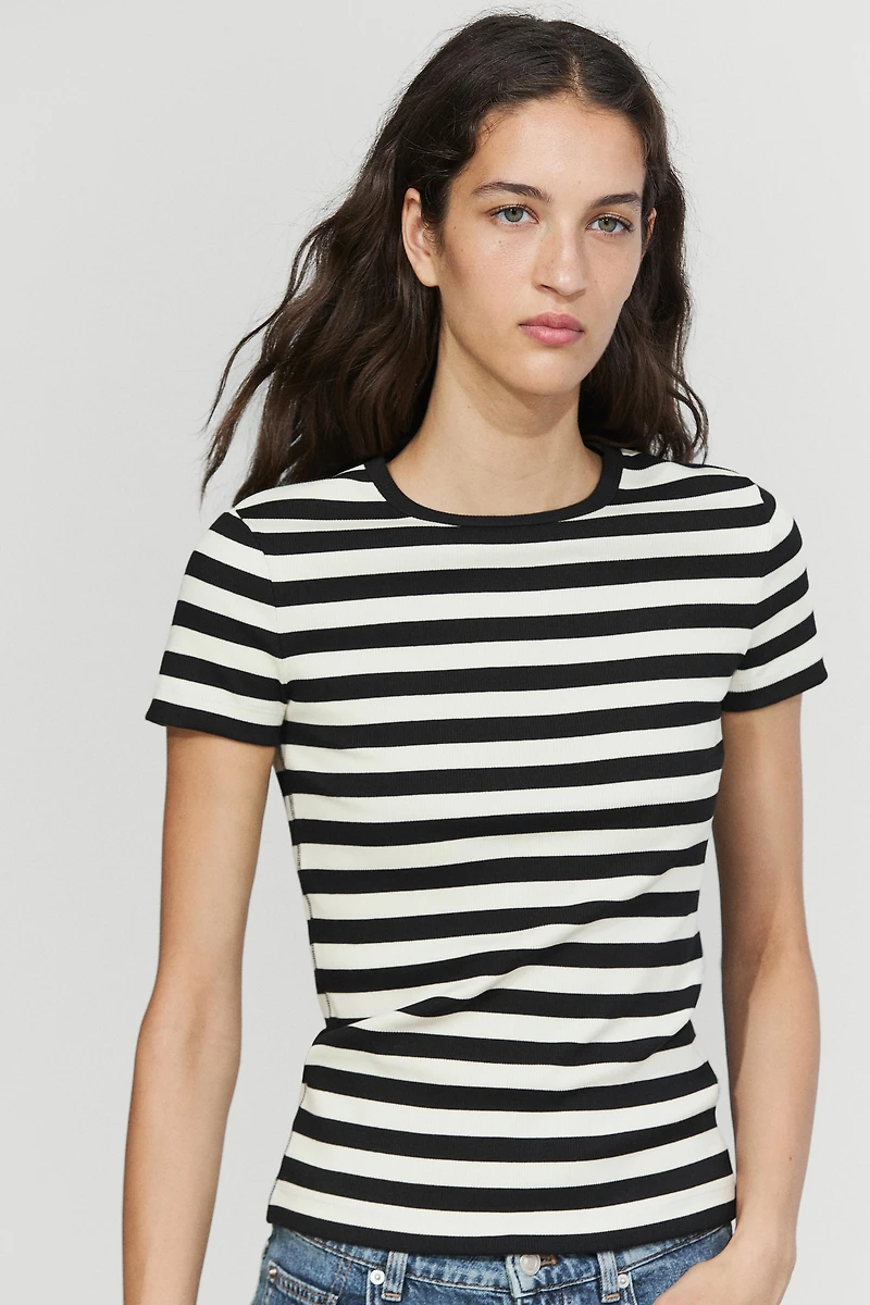 Short sleeve striped cotton blend T-shirt