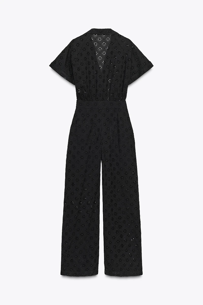 EMBROIDERED EYELET BUCKLE JUMPSUIT