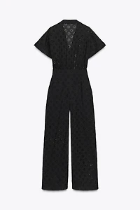 EMBROIDERED EYELET BUCKLE JUMPSUIT