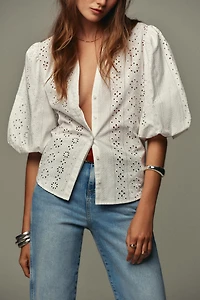 PUFF SLEEVE SHIRT WITH PERFORATED EMBROIDERY