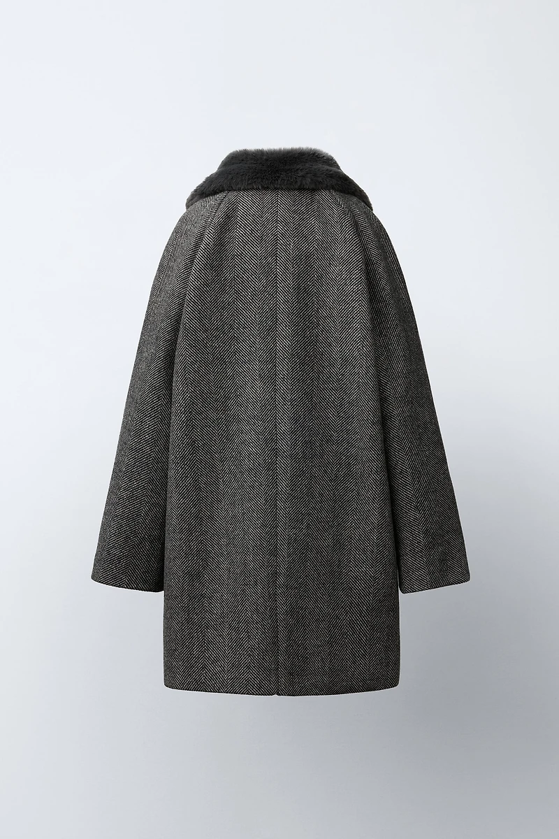 HERRINGBONE WOOL BLEND COAT WITH FAUX FUR COLLAR