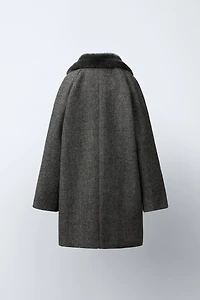 HERRINGBONE WOOL BLEND COAT WITH FAUX FUR COLLAR