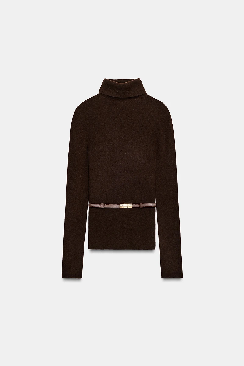100% WOOL HIGH COLLAR BELTED JUMPER