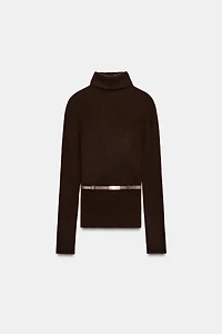 100% WOOL HIGH COLLAR BELTED JUMPER