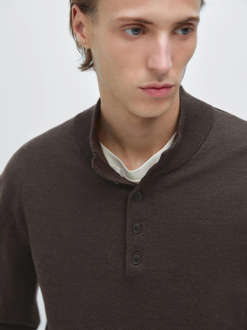 100% wool mock neck sweater with buttons
