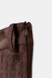 SUEDE EFFECT PLEATED MIDI SKIRT WITH BELT