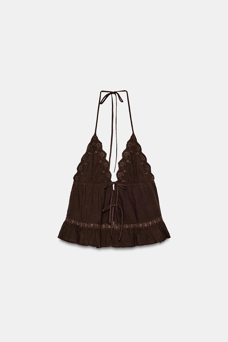 EMBROIDERED GAUZE HALTER TOP