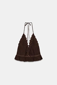 EMBROIDERED GAUZE HALTER TOP