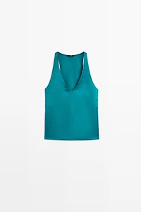 Satin linen blend V-neck top