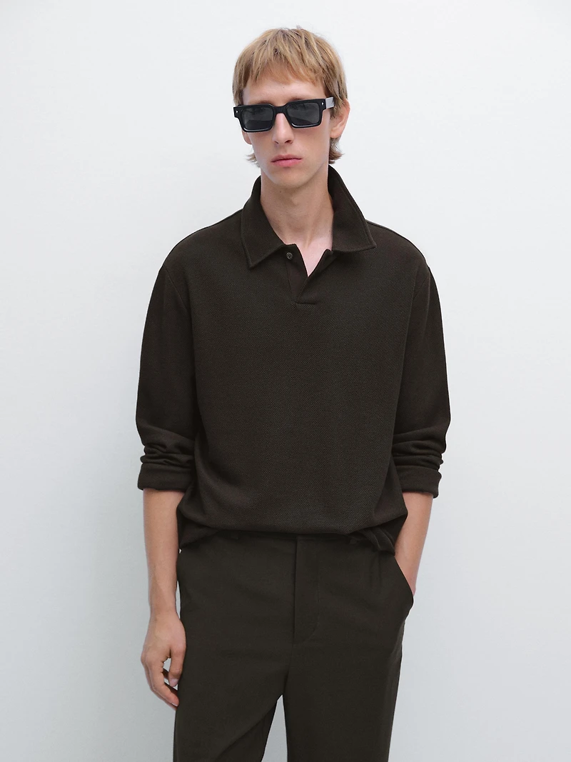 Textured long sleeve polo shirt