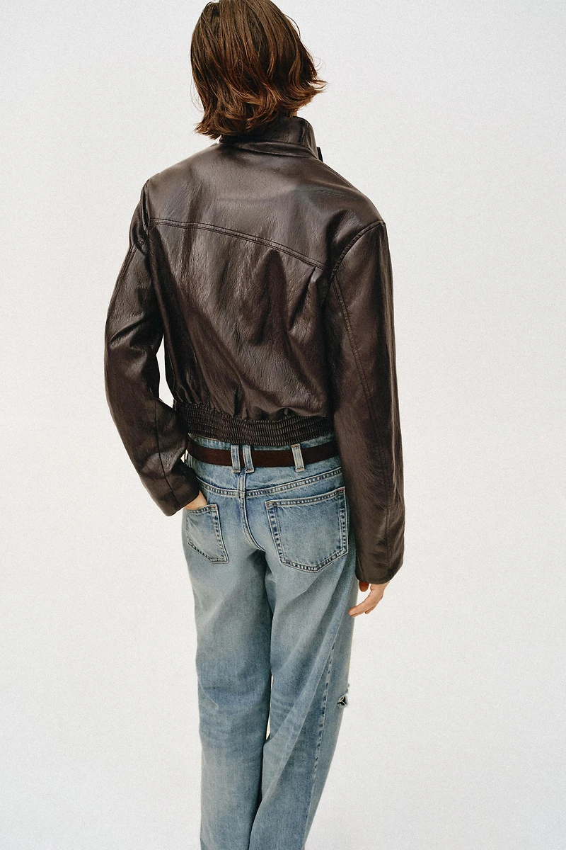 CROPPED FAUX LEATHER BOMBER JACKET