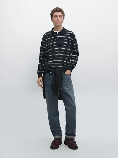 Cotton blend striped knit polo sweater