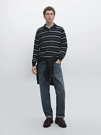 Cotton blend striped knit polo sweater