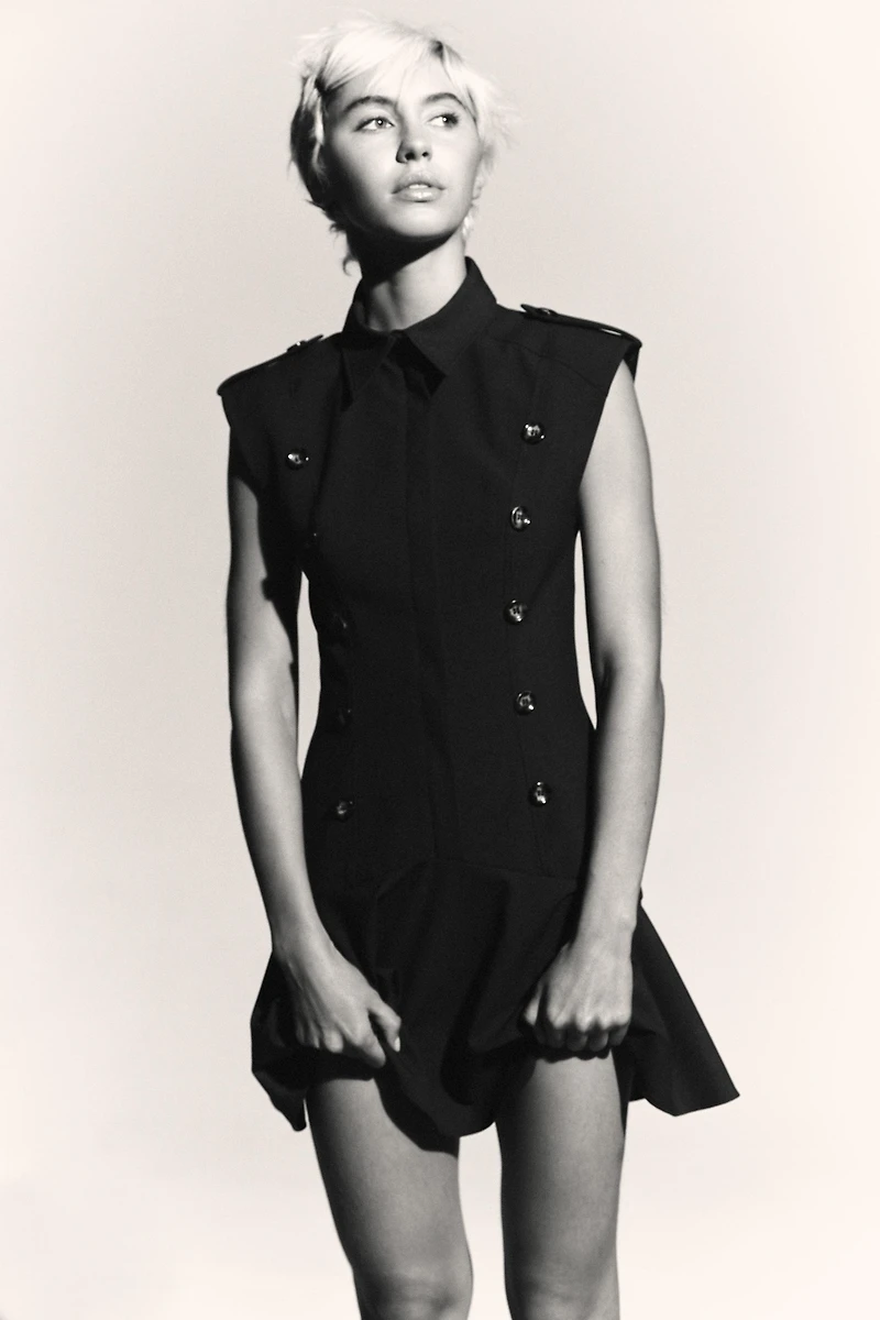 SHORT DRESS WITH SHOULDER PADS AND RUFFLES