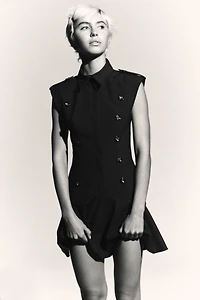 SHORT DRESS WITH SHOULDER PADS AND RUFFLES