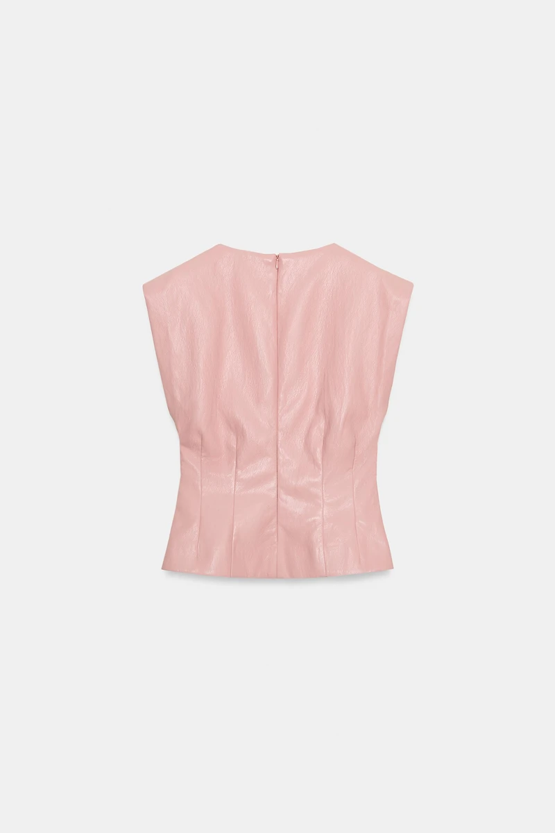 FAUX LEATHER SHOULDER PLEAT TOP