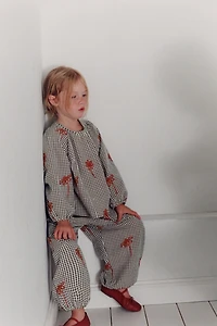 PLAID EMBROIDERED FLORAL BALLOON PANTS