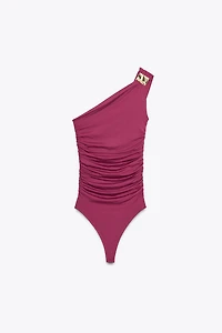 ASYMMETRIC POLYAMIDE BODYSUIT WITH METAL DETAIL