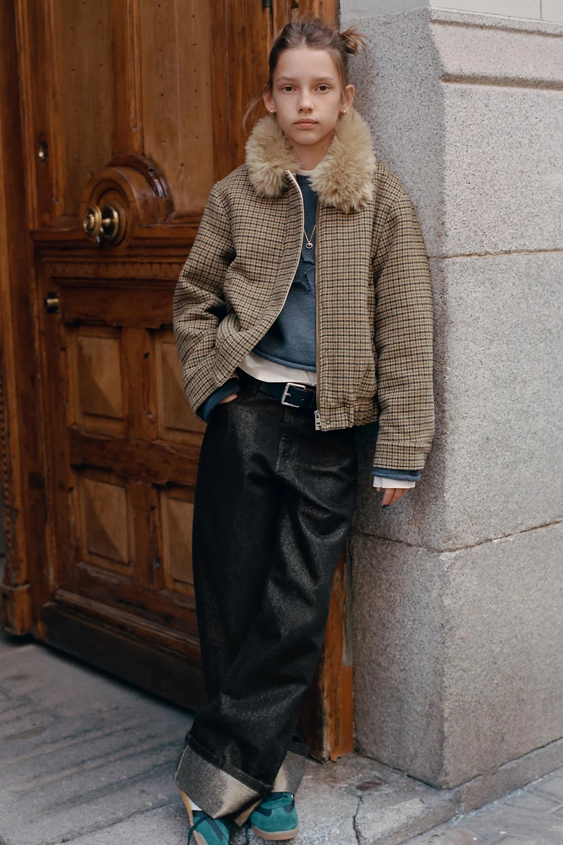 PLAID FAUX FUR COLLAR BOMBER JACKET